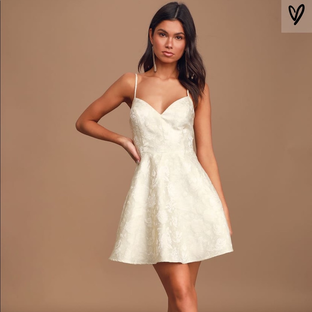 Lulu’s See Me Shine Cream and Gold Skater Dress